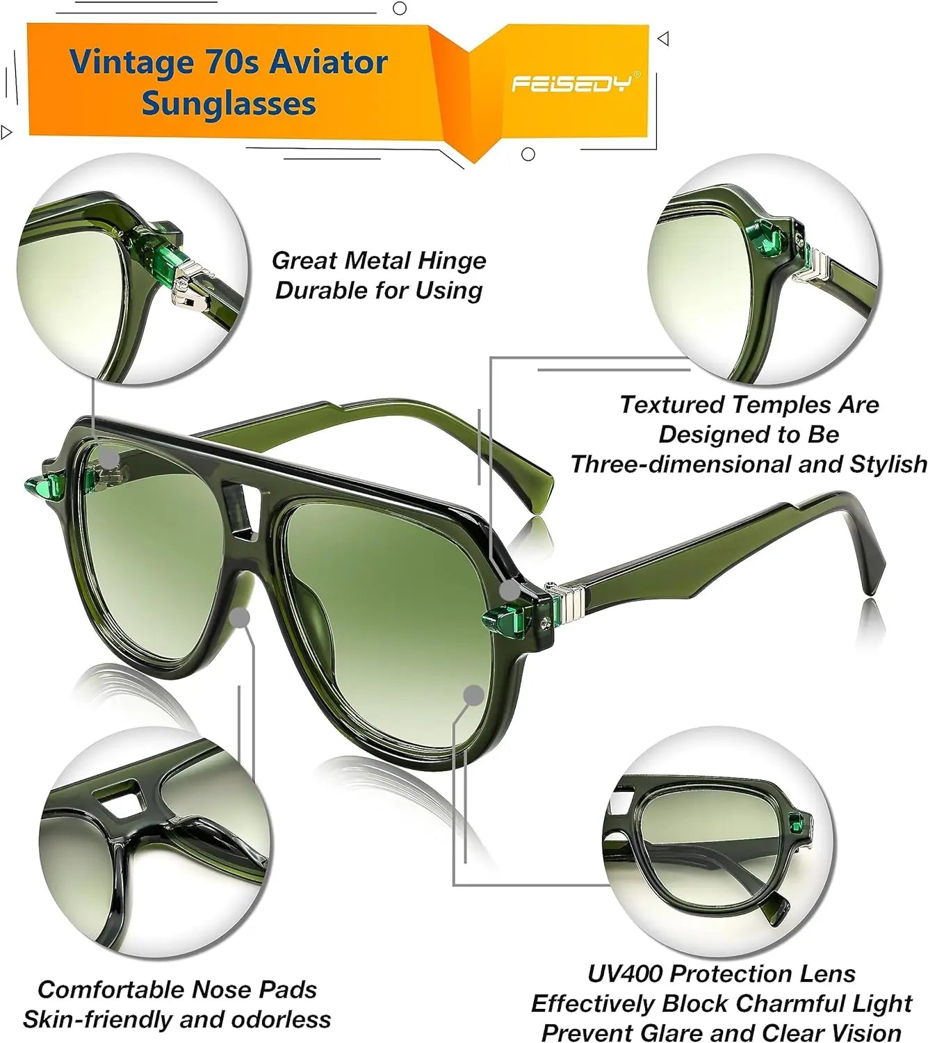 FEISEDY Retro 1970s Large Frame Sunglasses for Men and Women with UV400 Protection - Model B0030