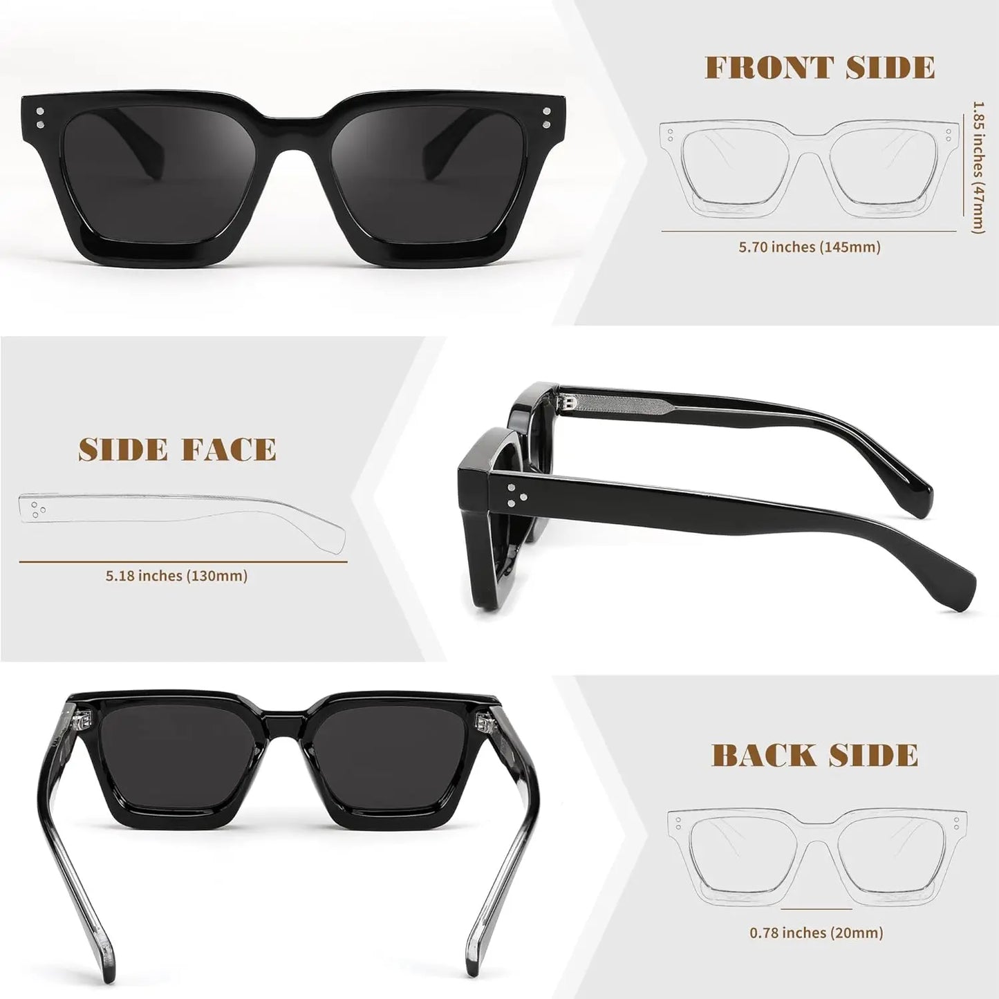 Polarized UV400 Sunglasses for Men and Women, Chunky Square Thick Frame, Rectangle Design B2396