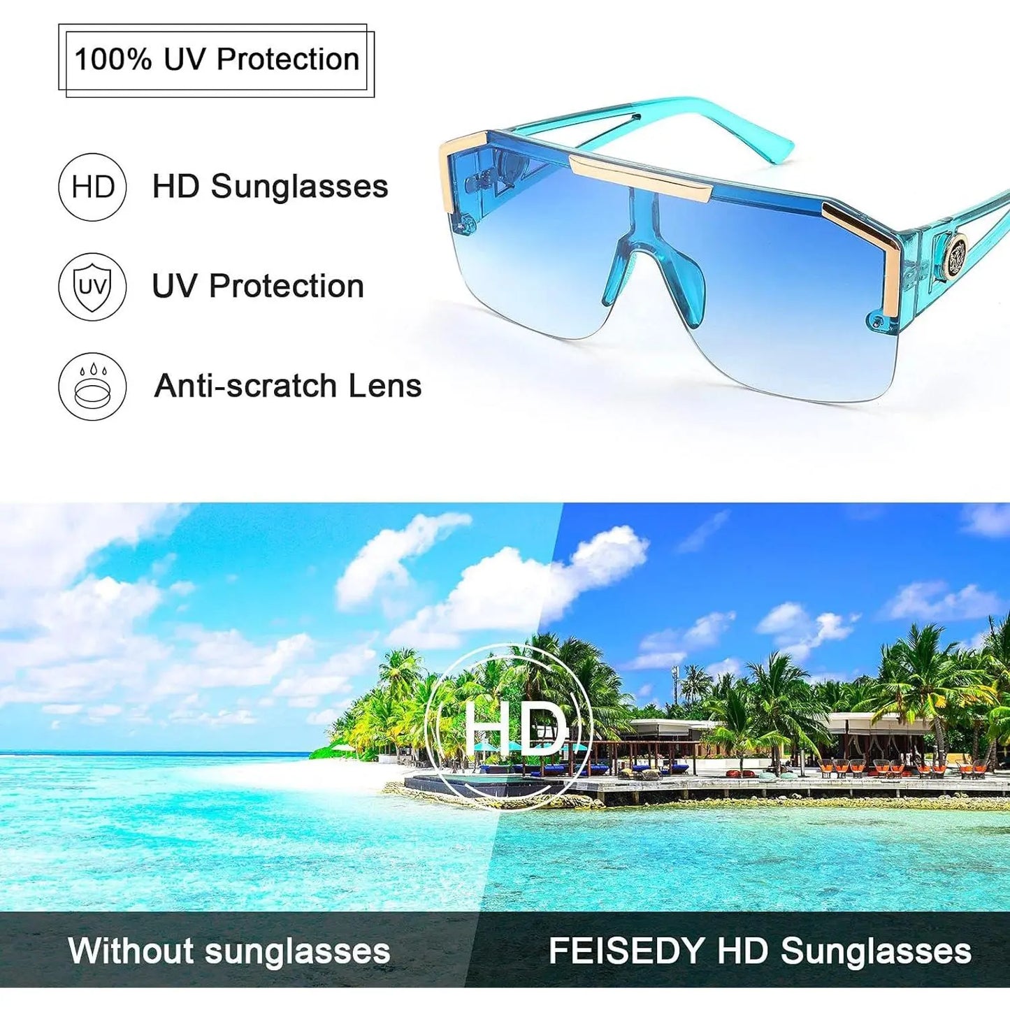 FEISEDY Unisex Oversized Square Flat Top Sunglasses with UV400 Protection - Model B2765