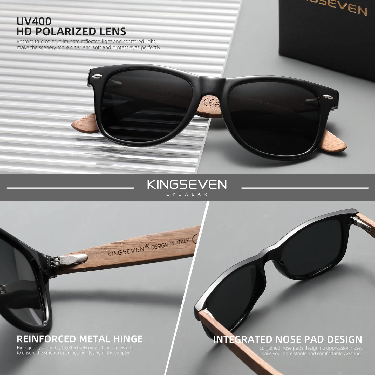 KINGSEVEN Black Walnut Sunglasses for Men and Women Wood Polarized Sun Glasses Men'S Glasses Handmade UV400 Sunglasses 5520