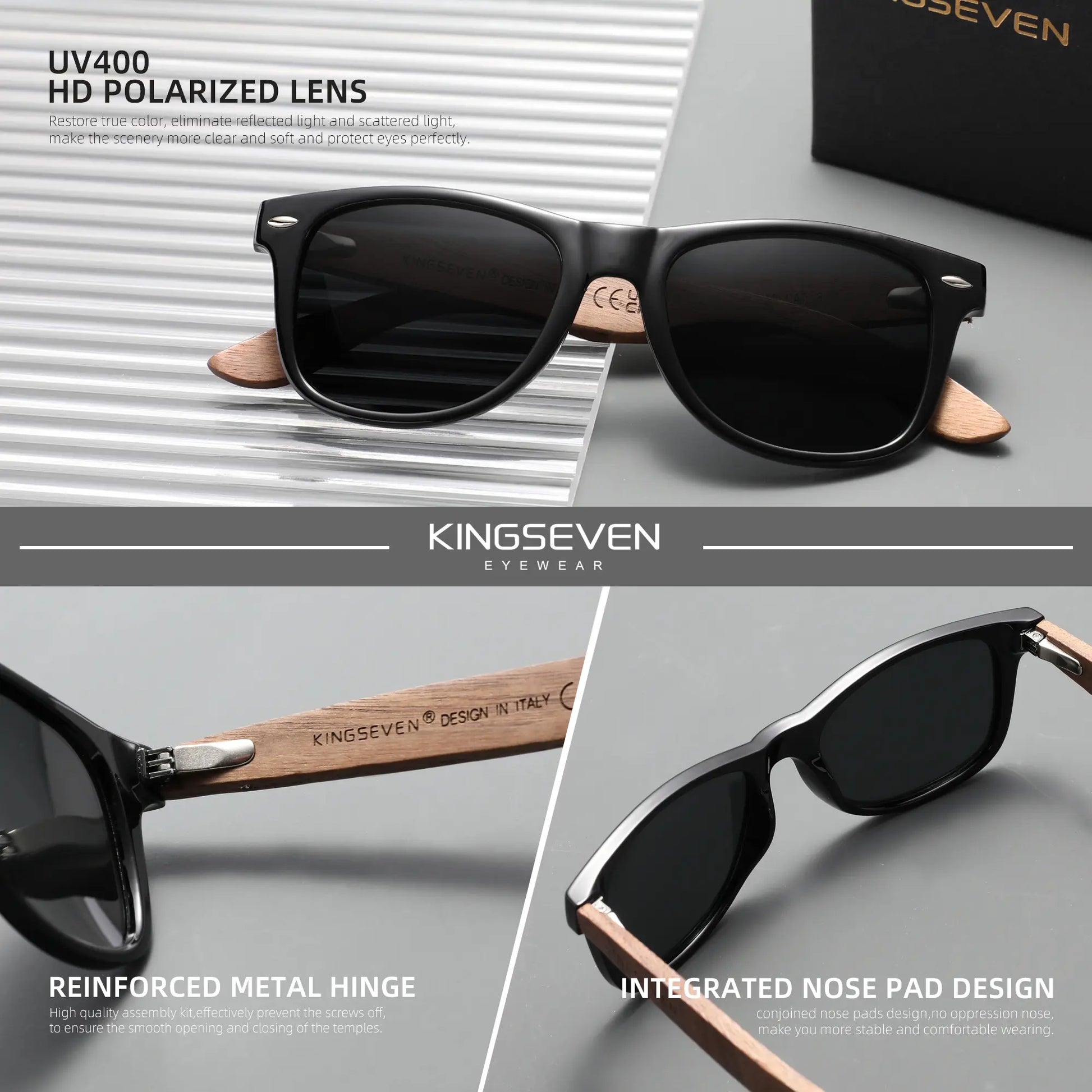 KINGSEVEN Black Walnut Sunglasses for Men and Women Wood Polarized Sun Glasses Men'S Glasses Handmade UV400 Sunglasses 5520