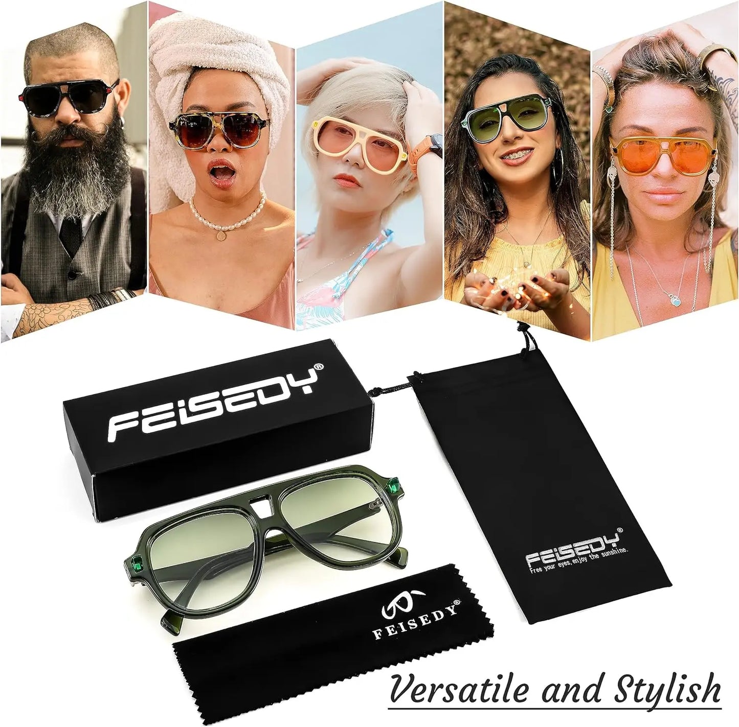 FEISEDY Retro 1970s Large Frame Sunglasses for Men and Women with UV400 Protection - Model B0030