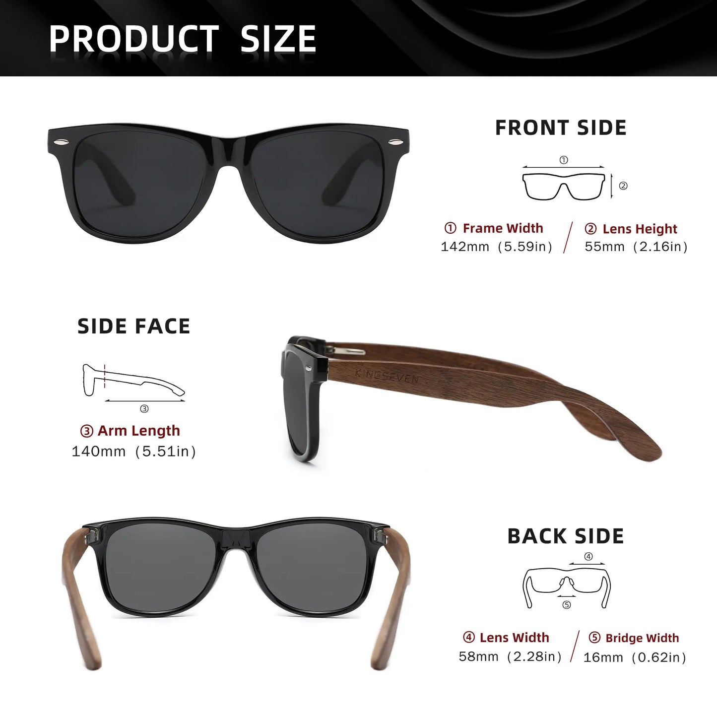 KINGSEVEN Black Walnut Sunglasses for Men and Women Wood Polarized Sun Glasses Men'S Glasses Handmade UV400 Sunglasses 5520